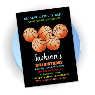 Five Black Orange Basketball Birthday Invitations