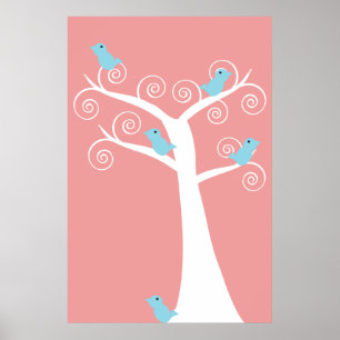 Five Blue Birds in a Tree Poster