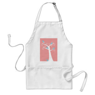 Five blue birds in a white tree in pink apron