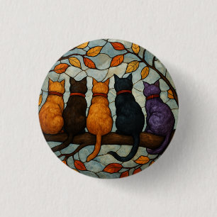 Five Cats on a Tree Branch Stained Glass Style 3 Cm Round Badge