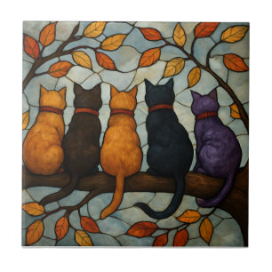 Five Cats on a Tree Branch Stained Glass Style Ceramic Tile