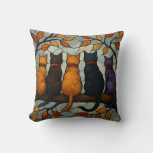 Five Cats on a Tree Branch Stained Glass Style Cushion