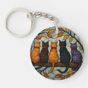 Five Cats on a Tree Branch Stained Glass Style Key Ring