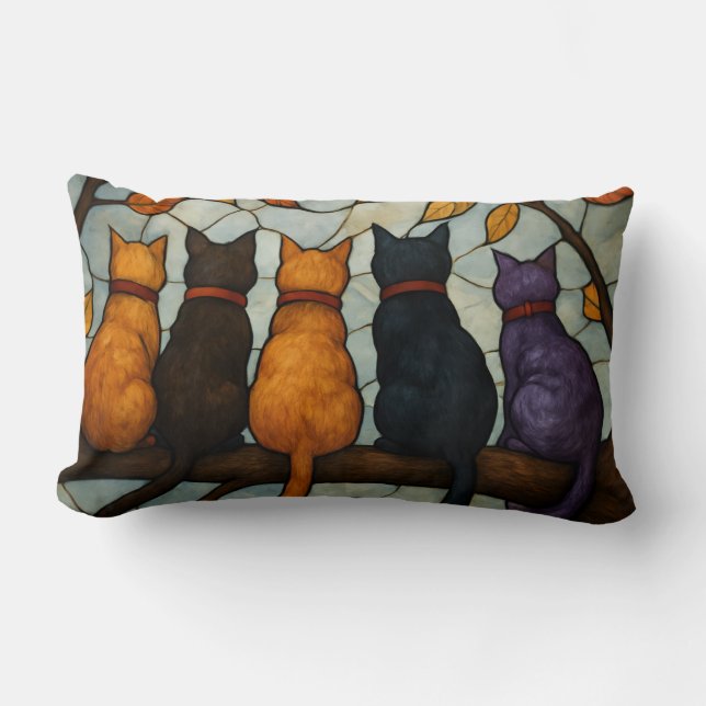 Five Cats on a Tree Branch Stained Glass Style Lumbar Cushion (Front)