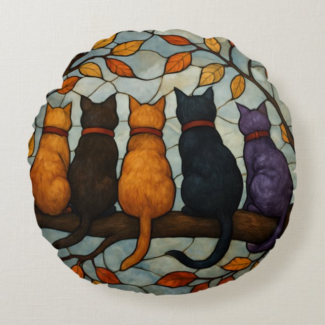 Five Cats on a Tree Branch Stained Glass Style Round Cushion (Front)
