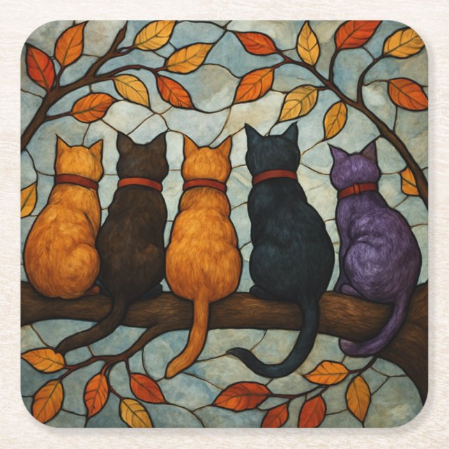 Five Cats on a Tree Branch Stained Glass Style Square Paper Coaster (Front)
