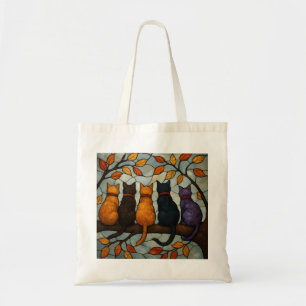 Five Cats on a Tree Branch Stained Glass Style Tote Bag