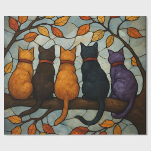 Five Cats on a Tree Branch Stained Glass Style Wrapping Paper