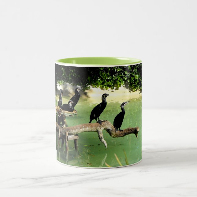 Five cormorants Two-Tone coffee mug (Center)