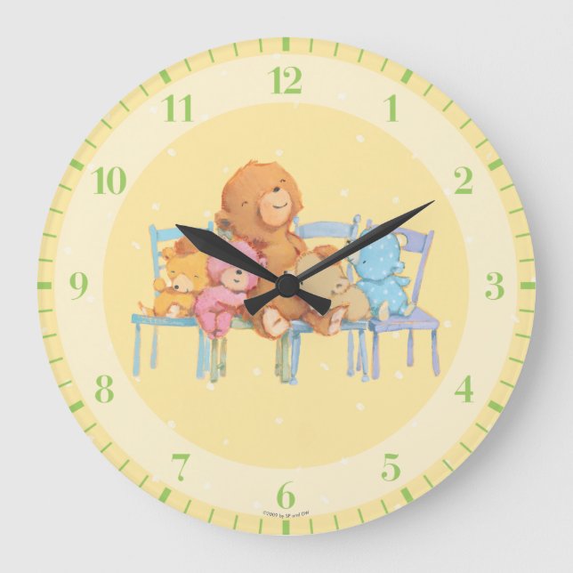 Five Cuddly and Colourful Bears On Chairs Large Clock (Front)