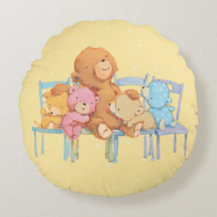 Five Cuddly and Colourful Bears On Chairs Round Cushion