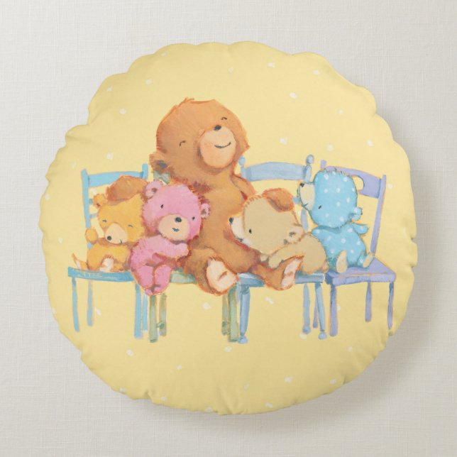 Five Cuddly and Colourful Bears On Chairs Round Cushion (Front)