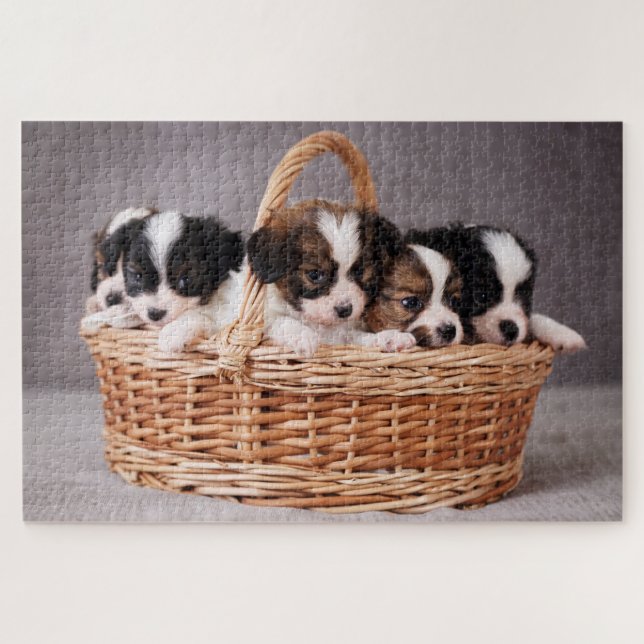 Five cute puppies in a basket jigsaw puzzle (Horizontal)