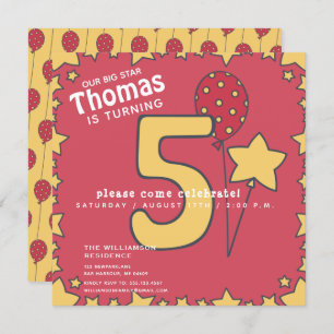 Five Cute Red Yellow Kids 5th Birthday Invitation