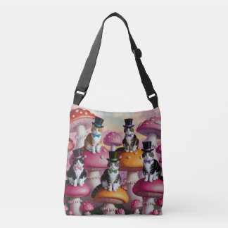 Five Dapper Felines in Mushroom Fields Crossbody Bag