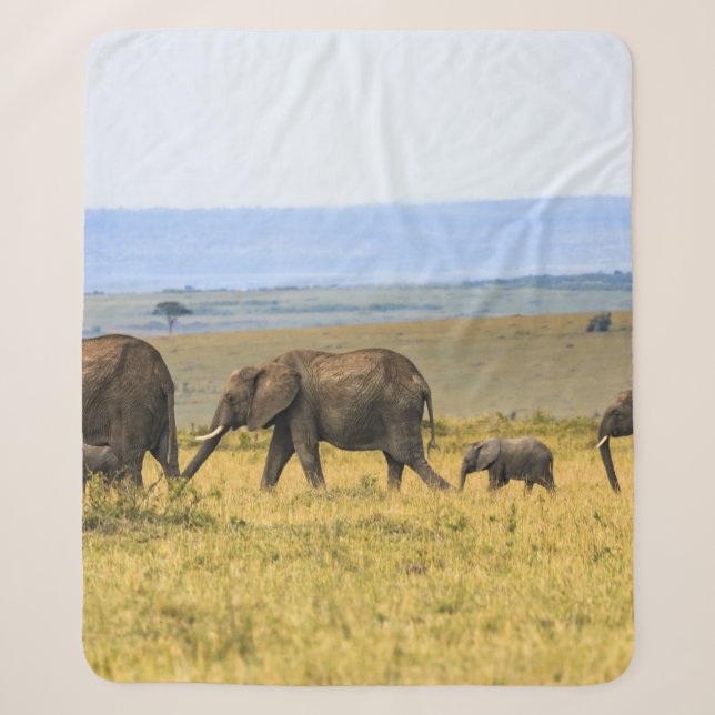 FIVE ELEPHANTS ON BROWN GRASS SHERPA BLANKET (Front)