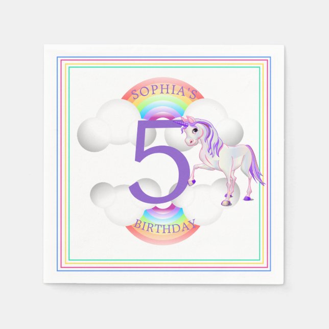 Five Fifth Unicorn Age Rainbow Birthday Napkin (Front)