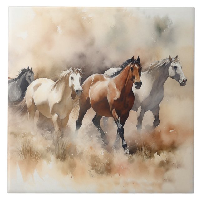 “Five Galloping Mustangs” Dusty Western Watercolou Ceramic Tile (Front)