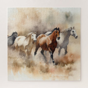 “Five Galloping Mustangs” Dusty Western Watercolou Jigsaw Puzzle