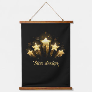 Five gold stars on black hanging tapestry