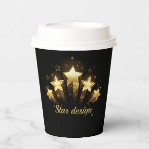 Five gold stars on black paper cups