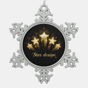 Five gold stars on black snowflake pewter christmas ornament