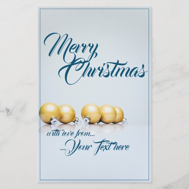 Five golden christmas balls - blue writing (Front)