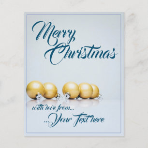 Five golden christmas balls - blue writing