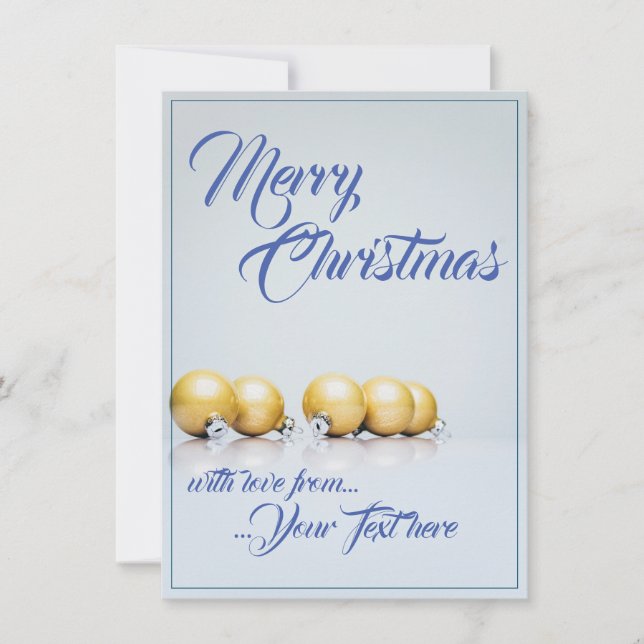 Five golden christmas balls - blue writing (Front)