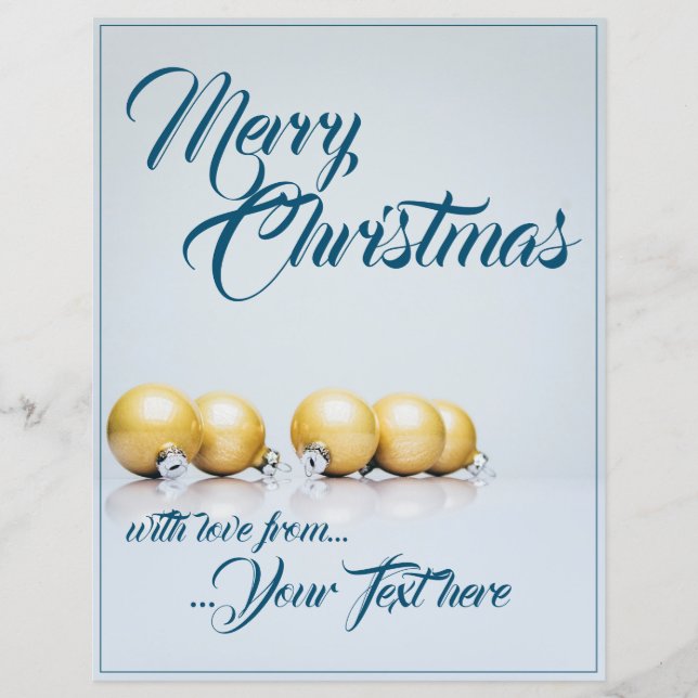 Five golden christmas balls - blue writing (Front)