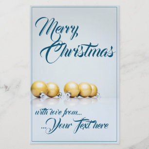 Five golden christmas balls - blue writing