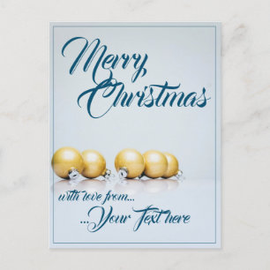 Five golden christmas balls - blue writing holiday postcard