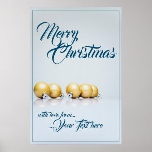 Five golden christmas balls - blue writing poster