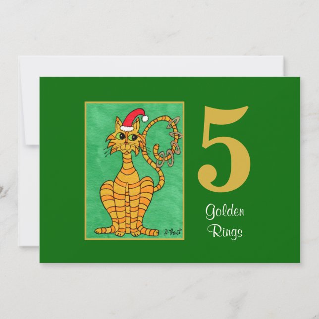 Five Golden Rings Cute Cat Custom Christmas Holiday Card (Front)