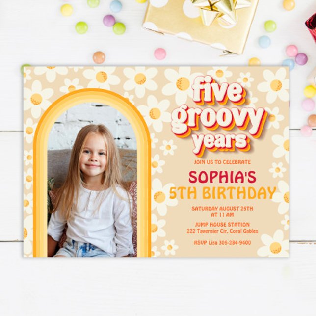 Five Groovy 5th Birthday Photo Invitation | Retro  (Creator Uploaded)