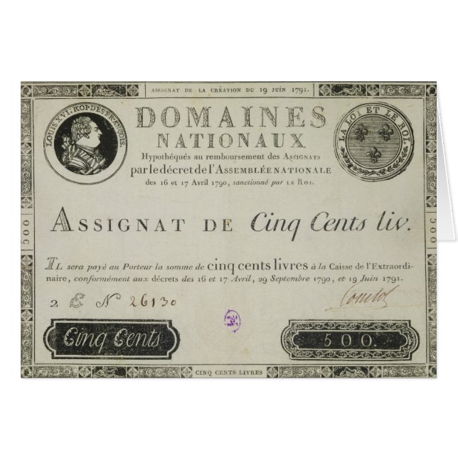 Five hundred livres banknote, 19th June 1791 (Front Horizontal)