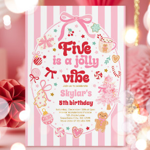 Five Is A Jolly Vibe Christmas Bow 5th Birthday Invitation