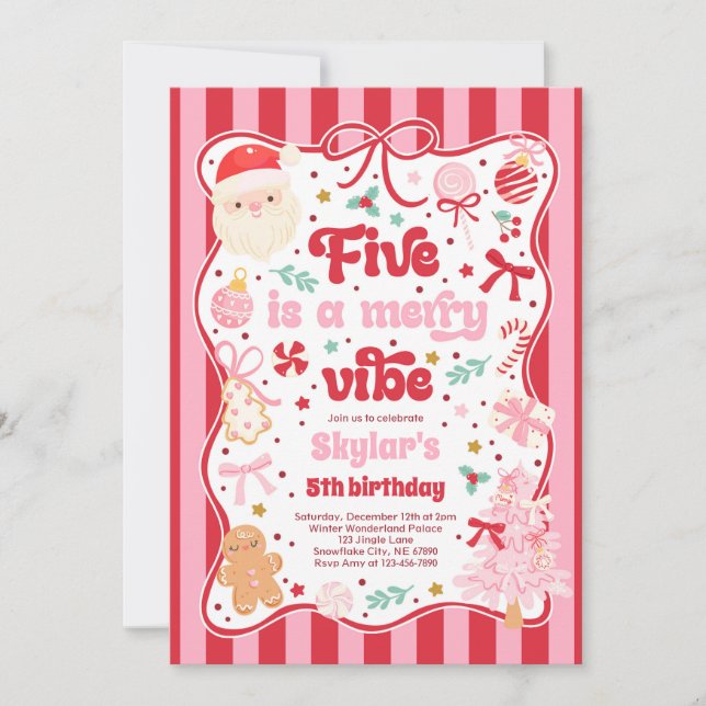 Five Is A Merry Vibe Christmas Bow 5th Birthday Invitation (Front)