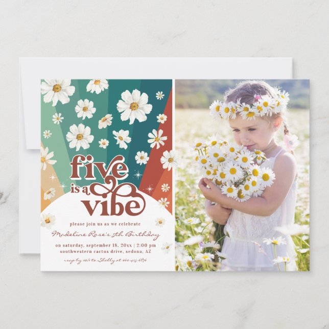 Five is a Vibe 5th Birthday | Retro Daisy Rainbow Invitation (Front)