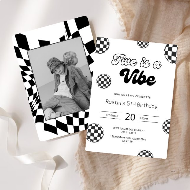 Five is a Vibe Black Retro Boys 5th Birthday  Invitation (Creator Uploaded)