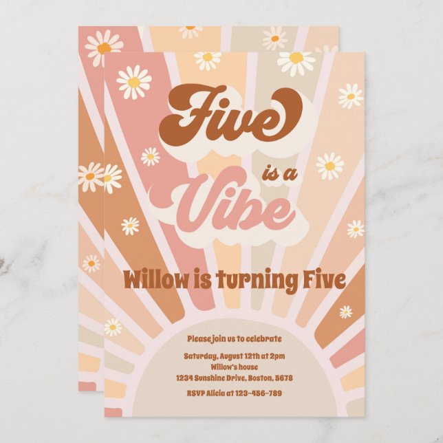 Five Is A Vibe Boho Sunshine 5th Birthday Party Invitation (Front/Back)