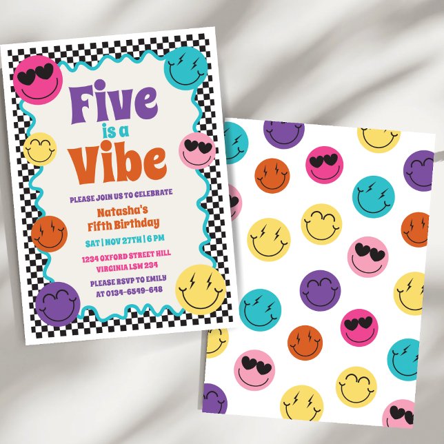 Five is a Vibe Colourful Retro Smiles Birthday Invitation (Creator Uploaded)