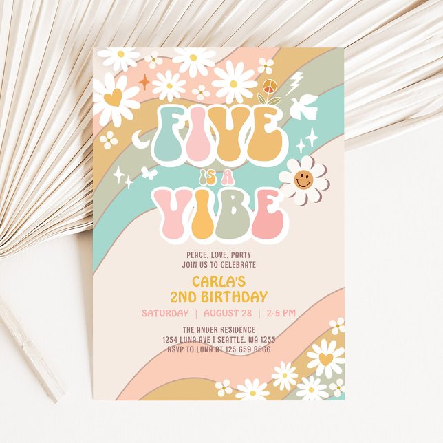 Five is a Vibe Daisy Hippie Groovy Retro Birthday Invitation (Creator Uploaded)