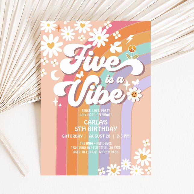 Five is a Vibe Daisy Rainbow Groovy Retro Birthday Invitation (Creator Uploaded)