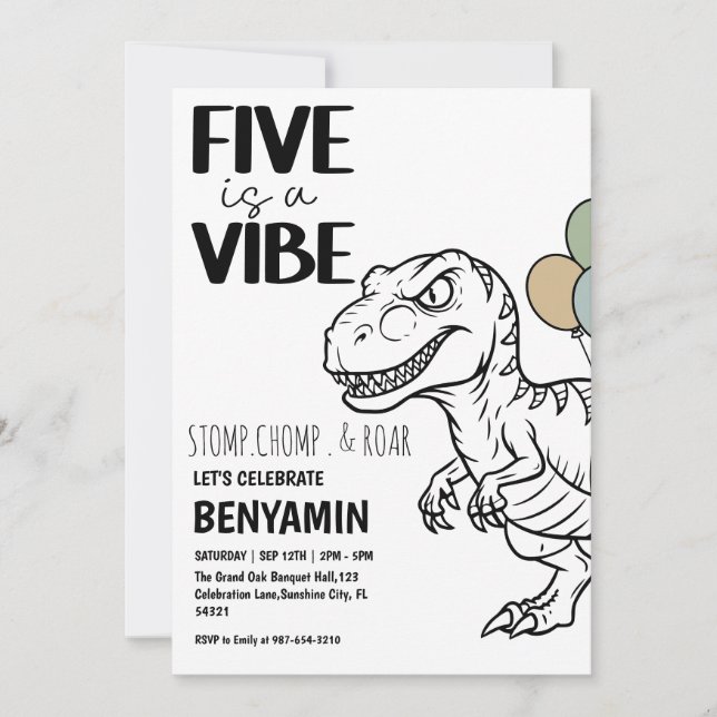 Five is a Vibe Dinosaur  Boy  Birthday Party  Invitation (Front)