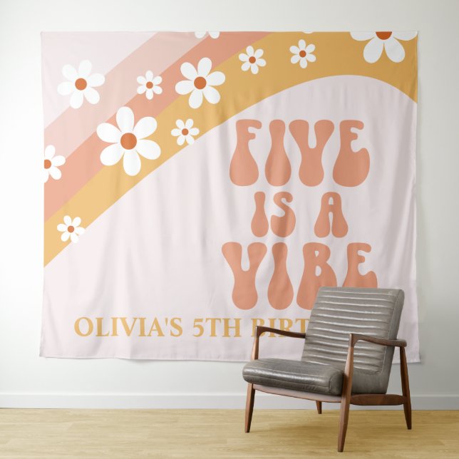 Five is a Vibe Groovy Daisy 5th Birthday Banner Tapestry (In Situ (Horizontal))