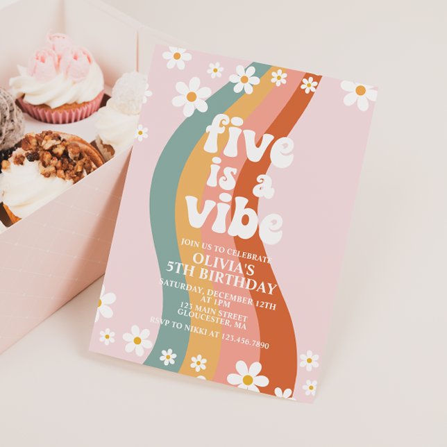 Five is a Vibe groovy daisy rainbow 5th birthday Invitation (Creator Uploaded)