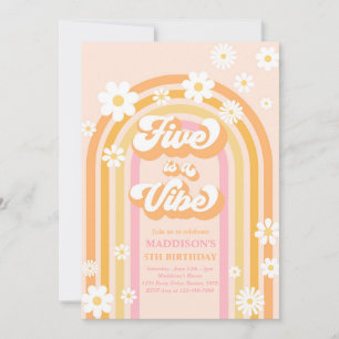 Five Is A Vibe Groovy Daisy Rainbow 5th Birthday Invitation