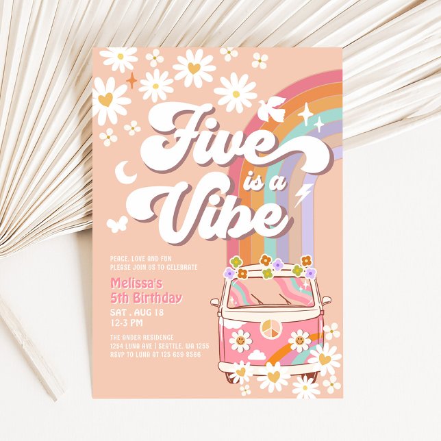 Five is a Vibe Groovy Hippie Daisy 5th Birthday Invitation (Creator Uploaded)