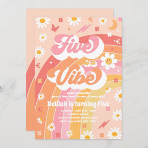 Five Is A Vibe Groovy Hippie Rainbow 5th Birthday Invitation